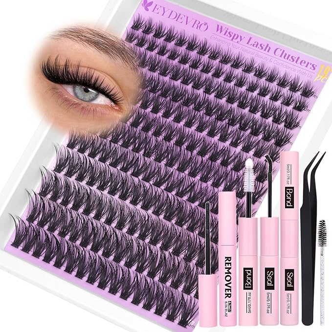 EYDEVRO Wispy Lash Clusters Kit Natural Eyelash Clusters kit DIY Lash Extension Kit 9-18mm CD Curl Cluster Eyelash Extensions with Waterproof Lash Bond and Seal, Lash Remover, Tweezers, Brush