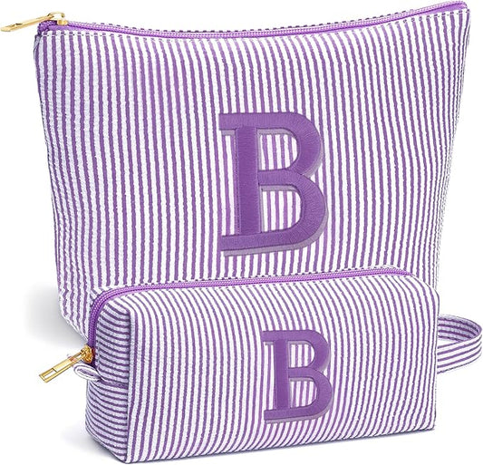 Birthday Gifts for Women - Custom Initial Makeup Bag Set, Portable Makeup Pouch Cosmetic Bag with Zipper, Travel Essentials Toiletry Bag Travel Gifts for Women, Purple B