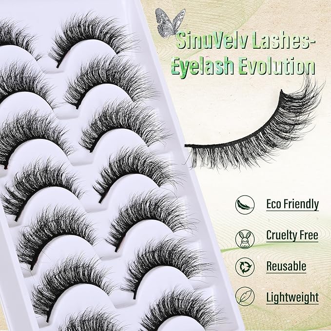 SinuVelve Lashes Natural Look 13mm Super Soft False Strip Lashes,Eco Friendly Wispy Mink Lashes Pack 7 Pairs D Curl,Cat Eye Short Lashes Thin Band,Reusable Wispy Eyelash Light Weight By Hiklasy.