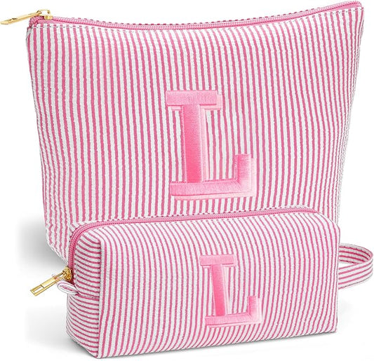 Travel Makeup Bag for Girls - Personalized Initial Pink Makeup Bag, Teen Girl Gifts Trendy Stuff, 6 7 8 9 10 11 12 Year Girl Birthday Gift, Christmas Gift for Girls Travel Essentials, Letter L