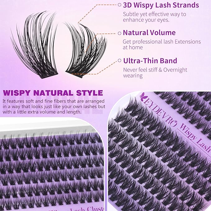 EYDEVRO Wispy Lash Clusters Natural Eyelash Clusters 12-14mm Cluster Eyelash Extensions CD Curl 192 Pcs Manga Cluster Lashes Short Individual Lashes DIY Lash Extensions Soft Thin Band