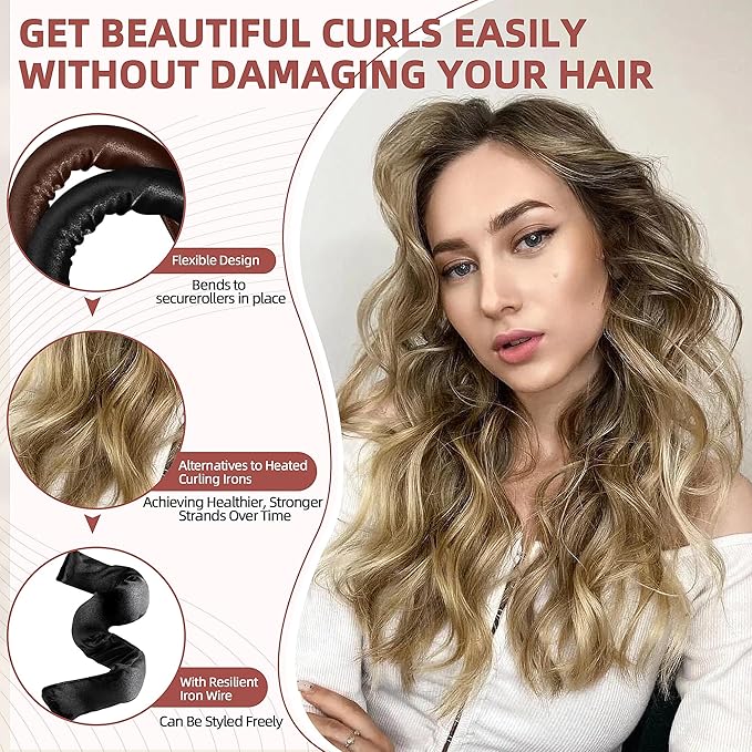 Heatless Curls Overnight Rods - 6 Pcs No-Heat Blowout Hair Curler Set, Hair Rollers for Long Hair with Bonnet for Sleeping
