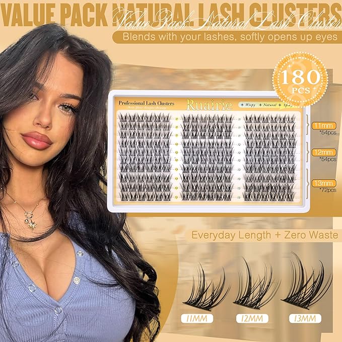 Manga Lash Clusters Kit Natural Eyelash Clusters Kit Wispy Lash Extensions 180pcs Spiky Cluster Eyelash Extensions C Curly 11-13mm Eyelash Extension Kit with Bond, Seal and Tweezers by Ruairie