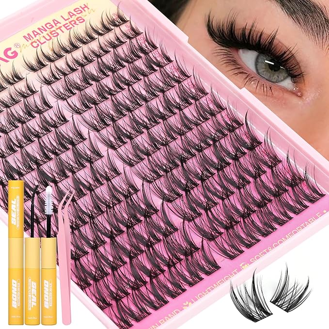 Wispy Lash Clusters Kit Spiky Manga Lashes Extension Kit 8-14mm Eyelash Clusters DIY Individual Lashes Clusters with Thin Band Cluster Eyelash Extensions Kit with Lash Glue&Tweezers by TOOCHUNAG