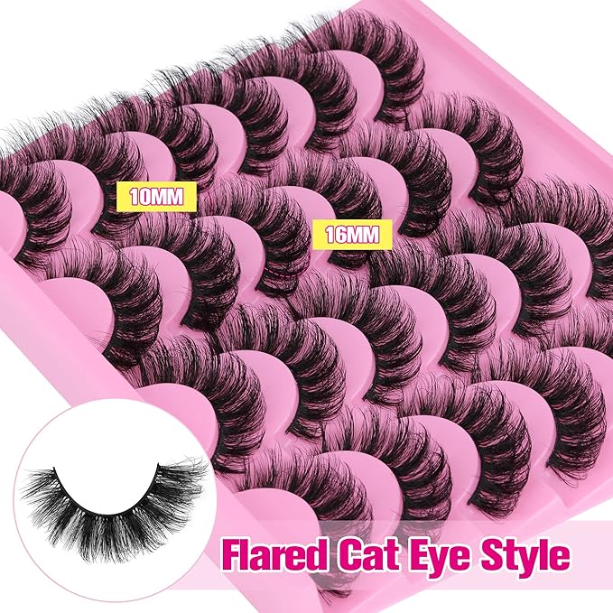 Yawamica False Lashes Wispy 16mm Mink Lashes Pack 12 Pairs 5D Fluttery Volume Fake Eyelashes Cat Eye Natural Look