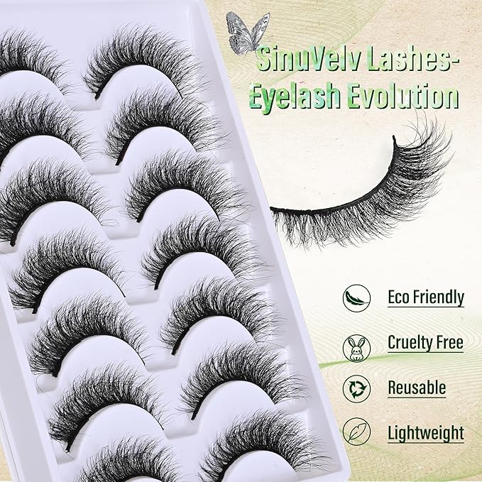 SinuVelve Strip Fake Lashes Pack 7 Pairs Natural Look Flexible Cotton Band Wispy Mink Lashes Wispy False Eyelashes13mm Natural Look D Curl Soft Lash Strips,Cat Eye Lashes Reusable 25 Times By Hiklasy