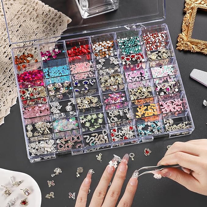 Noverlife 36 Grids Clear Plastic Jewelry Organizer Box, Nail Charm Holder Double Buckle Bead Organizer Storage Container Box, Empty Nail Box Organizer Earring Display Case Acrylic Bead Box for Women