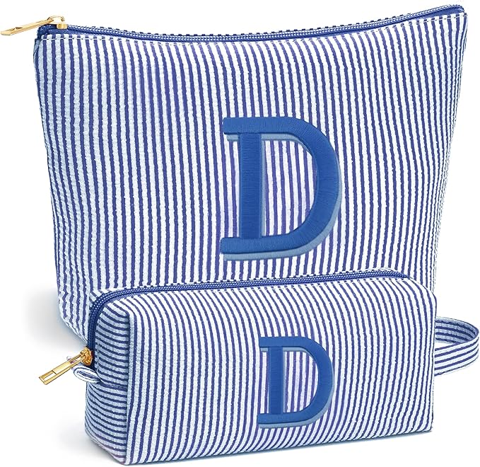 Travel Essentials - Portable Travel Makeup Bag Set for Women, Custom Portable Initial Travel Toiletry Bag, Makeup Pouch Organizer Cosmetic Bag Birthday Gifts for Women, Blue Letter D