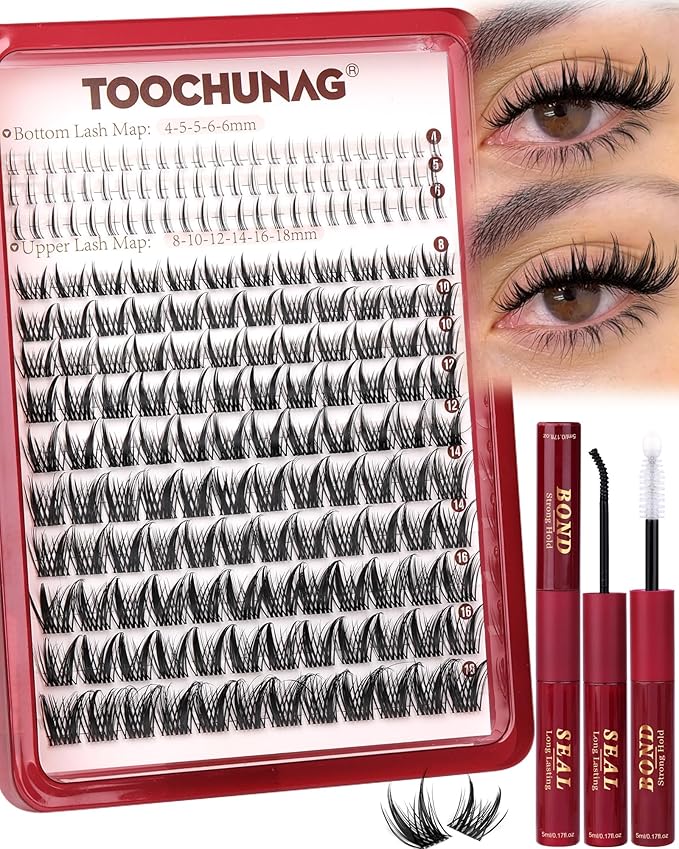 TOOCHUNAG Wispy Lash Clusters Kit 8-18mm DIY Lash Extension Kit Clear Band Eyelashes Clusters with Bottom Lashes Individual Manga Cluster Eyelash Extensions Kit with Lash Bond and Seal,Tweezers