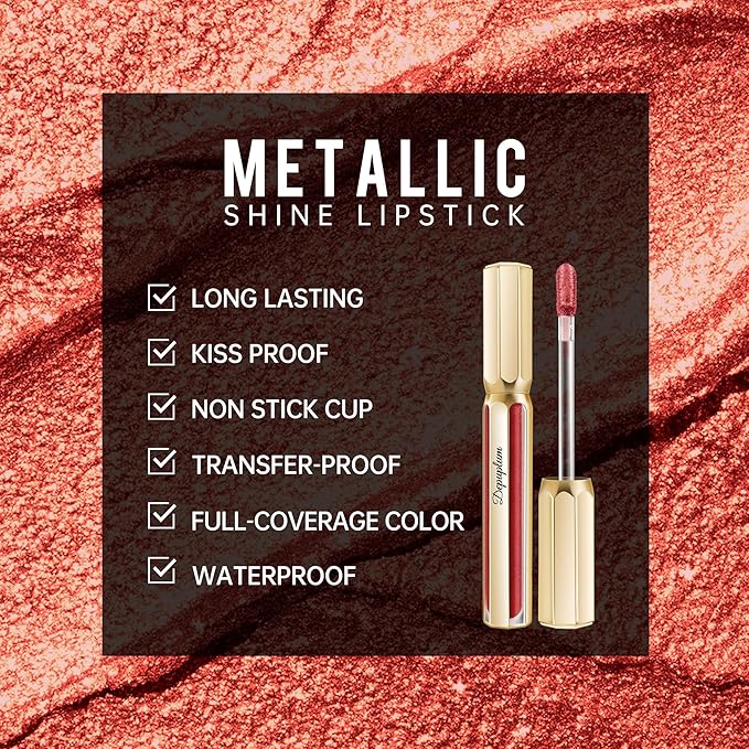 Depuplum Red Lipsticks for Women Metallic Lipstick Long Lasting Non Stick Cup Lip Gloss, Shimmer Lightweight Hydrating Full Coverage Lip Color, DP116 Expectation