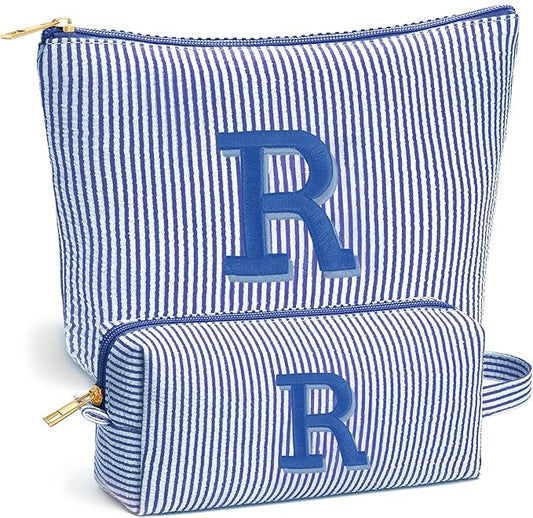 Initial Makeup Bag Set for Women - Personalized Travel Pouch, Portable Cosmetic Bag Make up Kit Pouch | Travel Essentials Cute Makeup Bag Birthday Gifts for Women, Blue Letter R
