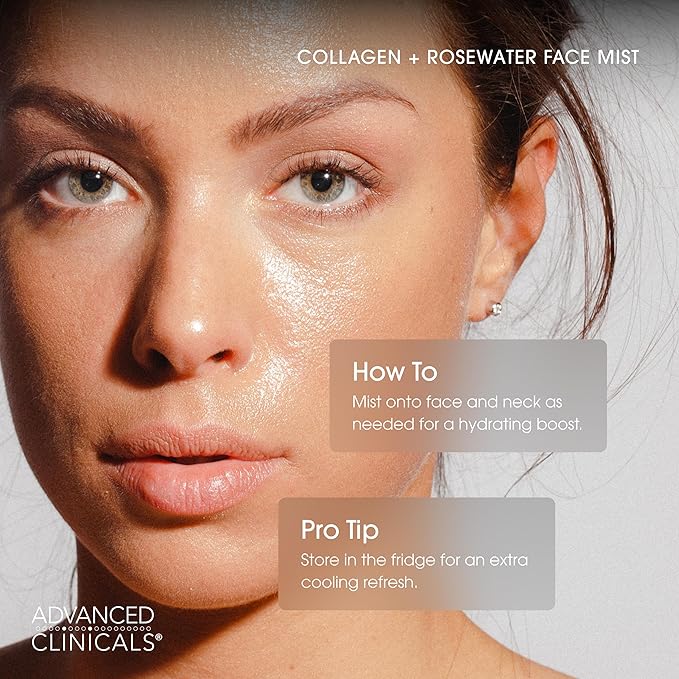 Advanced Clinicals Collagen Rosewater Face Mist Skin Care Reviving & Hydrating Facial Mist for Face | Instant Hydration Face Spray Toner with Pure Rose Water, Collagen, & Natural Extracts, 7.5 Fl Oz