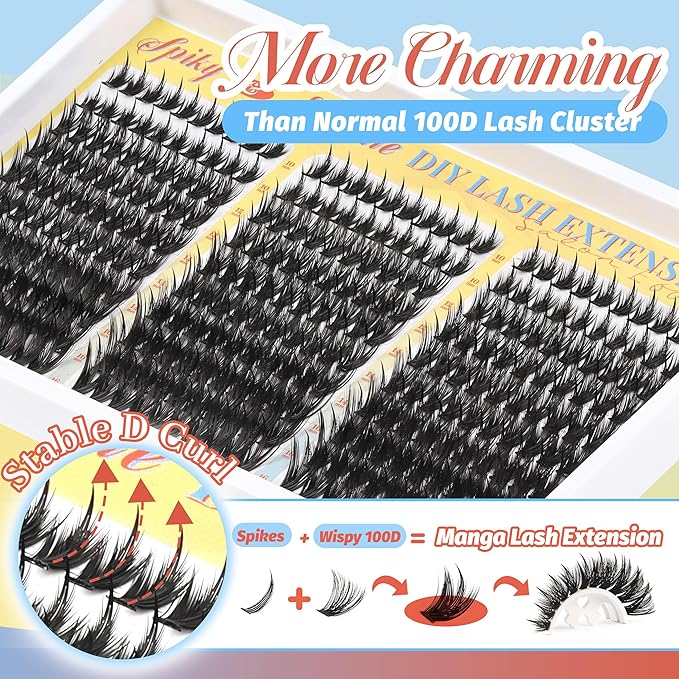 Fyonas Manga Lash Clusters Kit Spiky Anime Cluster Eyelash Extensions with Spikes 300Pcs D Curl Thick Volume Eyelash Clusters 10-16mm DIY Fairy Wispy Individual Lashes Kit (Prism Shard Kit)