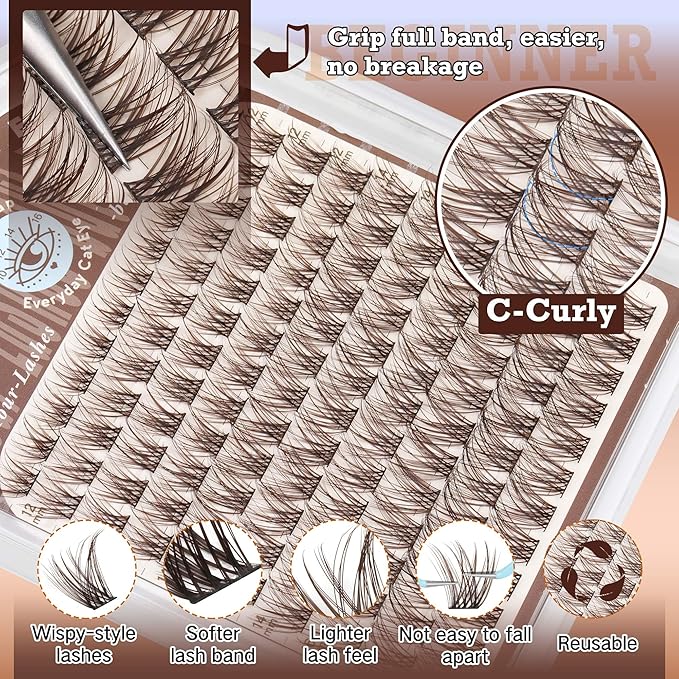Natural Brown Lash Clusters Wispy Cluster Eyelash Extension C Curl Soft Individual Lashes Natural Look Venus Eyelash Clusters with Thin Band 10-16mm DIY Brown Lashes Extension by TOOCHUNAG