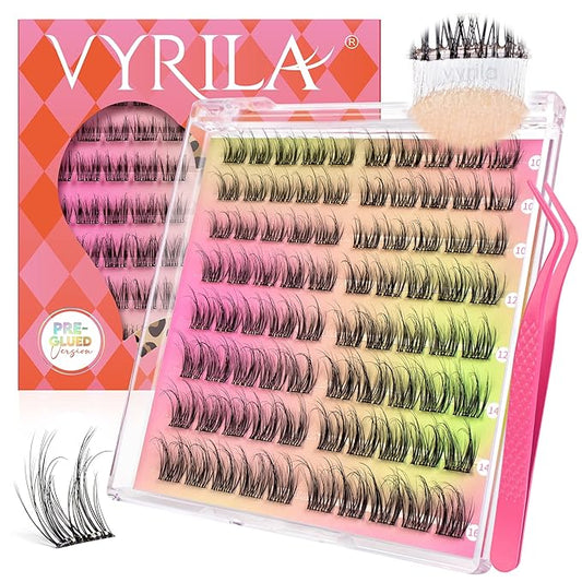 VYRILA Self Adhesive Lash Clusters Kit, D Curl Wispy Pre Glued Lash Extensions with Tweezers, Reusable 0.1mm Ultra Thin Band Natural Eyelashes, Easy Apply Eyelash Clusters for Beginners(PG-ZE13)
