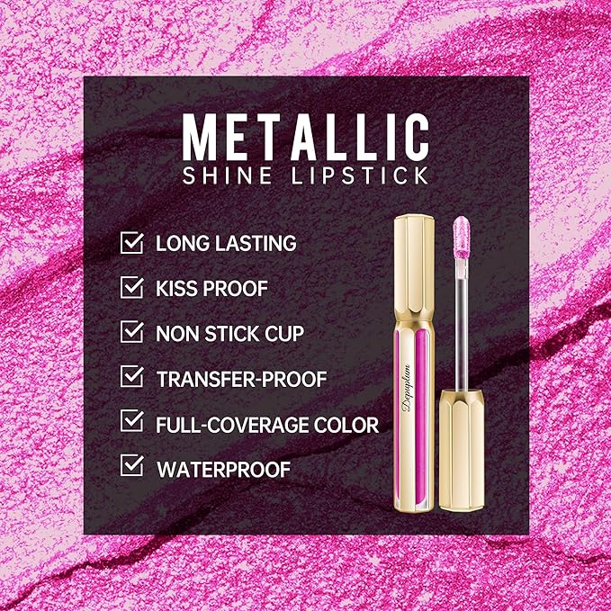 Depuplum Hot Pink Lipsticks for Women Metallic Lipstick Long Lasting Non Stick Cup Lip Gloss, Shimmer Lightweight Hydrating Full Coverage Lip Color,DP112 Show Girl