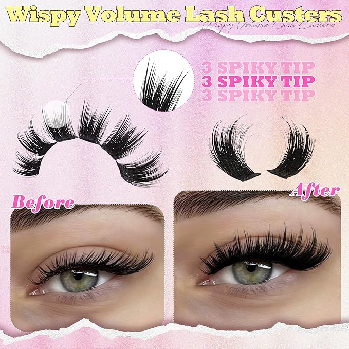 ALICE Lash Clusters Thick Volume Eyelash Clusters with Spikes Wispy Cluster Eyelash Extensions 12-20mm Fluffier Dramatic Individual Lashes Thin Band Lash Extensions Salon DIY at Home