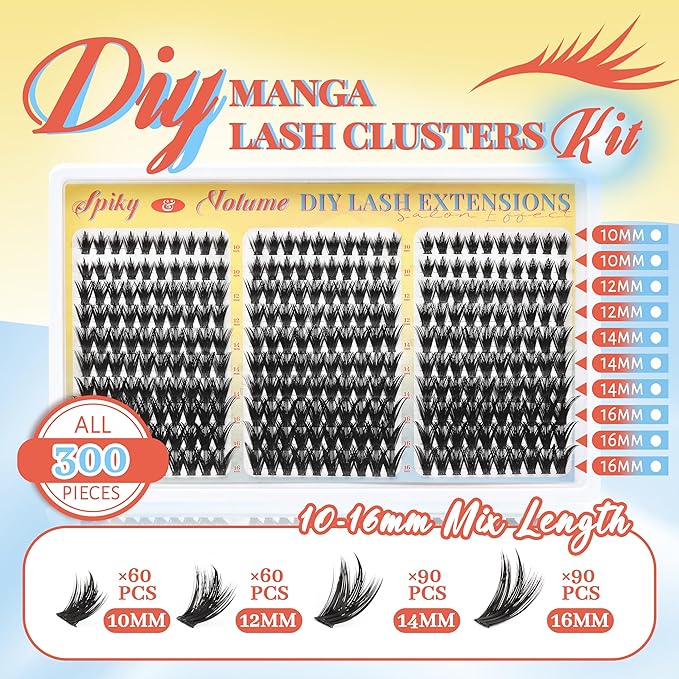 Fyonas Manga Lash Clusters Kit Spiky Anime Cluster Eyelash Extensions with Spikes 300Pcs D Curl Thick Volume Eyelash Clusters 10-16mm DIY Fairy Wispy Individual Lashes Kit (Prism Shard Kit)