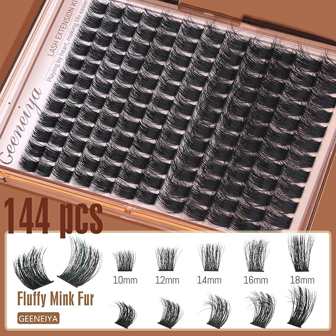 Geeneiya 200D Full Lash Clusters Kit Thick Lash Extension Kit 10-18mm Wispy Cluster Eyelash Extensions Individual Eyelashes Kit with Lash Bond and Seal DIY Lashes Applicator for Beginners