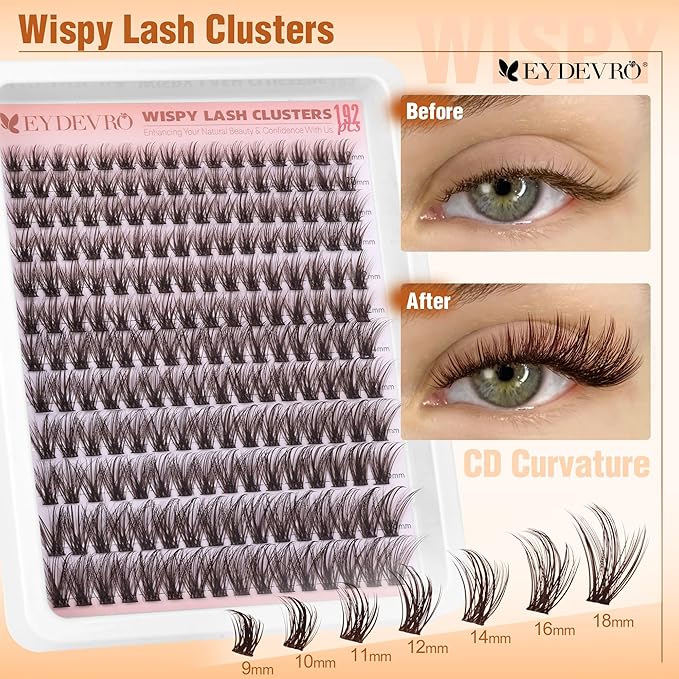EYDEVRO Brown Lash Clusters Natural Wispy Eyelash Clusters 9-18mm Dark Brown Cluster Eyelash Extensions CD Curvature 192 Pcs Manga Fairy Cluster Lashes Individual Lashes DIY Lash Extensions