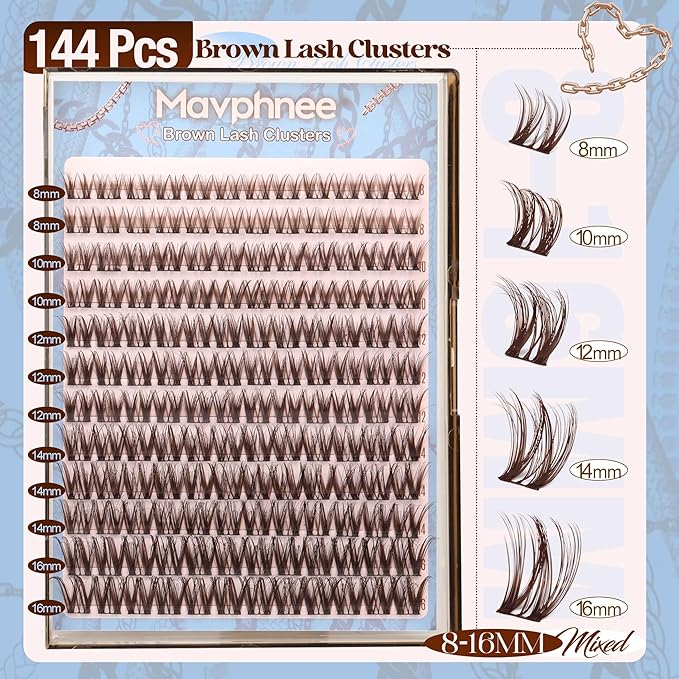 Flaunt Lash Clusters Brown Eyelash Clusters Fluffy Cluster Lashes Ultra-Dense Lash Clusters Eyelashes Extension Waterproof Individual Lashes Dark Brown Wispy CC-Curly Lash Extensions (144Pcs, 8-16MM)