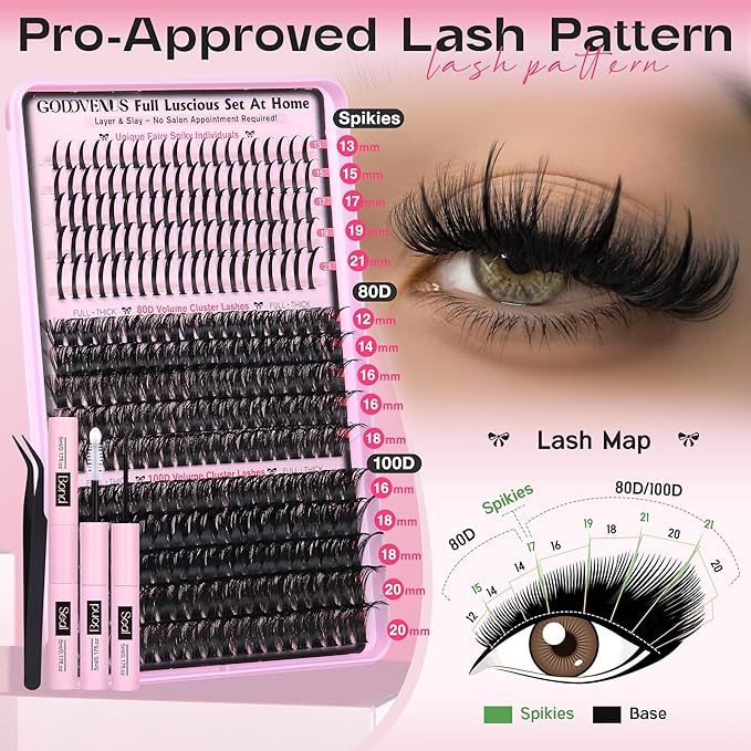Goddvenus Lash Clusters Kit 13-21MM Lash Spikes Eyelash Clusters 80D 100D Thick Cluster Eyelash Extensions Kit Spiky DIY Lash Extensions Kit Individual Lashes Volume 295PCS