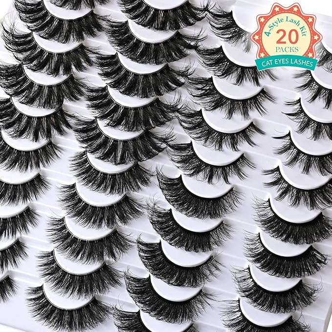 Lashes False Eyelashes Cat Eye Lash Strips 4 Styles Wispy Natural Eyelash Pack 20 Pairs Full Volume Fake Strip Lash Natural Look Fluffy Cateye Mink EyeLash Set Short Demi Wispies Pestañas