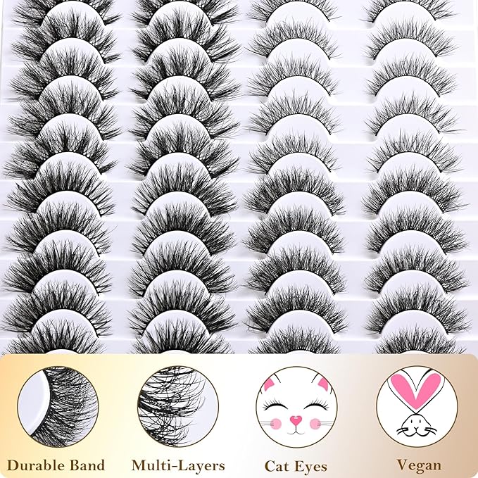 Lashes False Eyelashes Cat Eye Lash Strips 4 Styles Wispy Natural Eyelash Pack 20 Pairs Full Fake Strip Lash Natural Look Fluffy Cateye Mink EyeLash Set Short Demi Wispies Pestañas