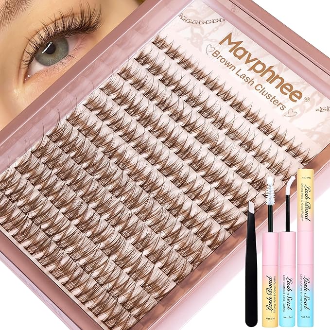 Wispy Cluster Eyelash Extensions Kit Brown Lash Clusters Kit Natural Fluffy Individual Lashes Clear Band Cluster Lashes Pack Dark Brown DIY Lash Extensions Lash Bond and Seal Clear (132Pcs, 8-16MM)