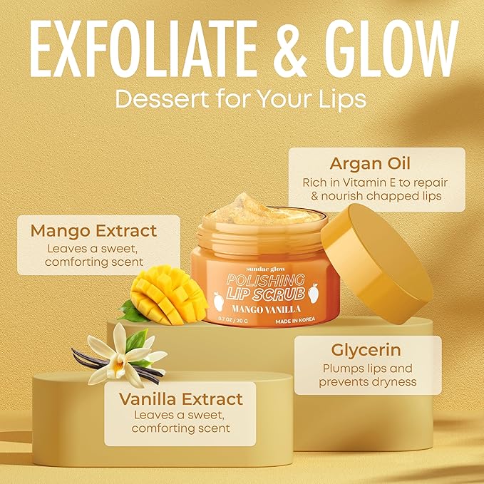 Sundae Glow Lip Scrub with Mango Vanilla – Exfoliates, Hydrates & Repairs – Smooths, Softens & Revitalizes Dry Lips – Dermatologist Tested, Korean Skin Care – Clean Beauty, Cruelty-Free – 1 Pack