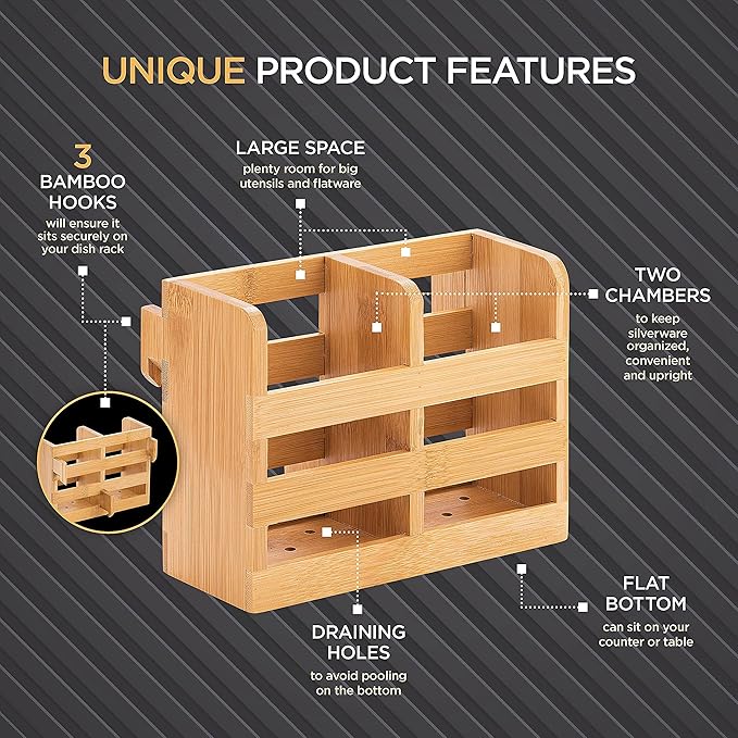 Bamboo Utensil Holder for Dish Rack - Flatware, Cutlery & Utensil Drying Caddy with Hooks - Fits BAMBUSI Bamboo Dish Drying Racks