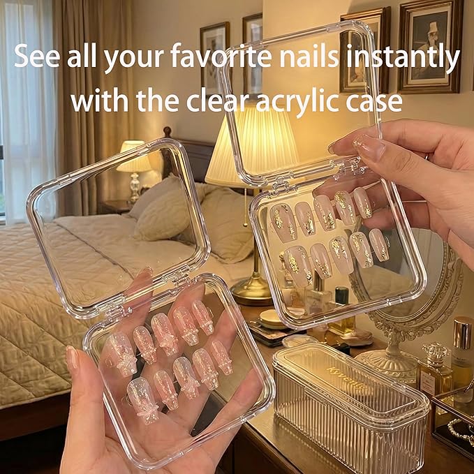 Kyvenly Press On Nail Organizer 12pcs 3.3in Nail Case And 1 Big Acrylic Storage Box For Packaging Clear Display Box Fake Nail Organizer With Double Sided Adhesive Tabs Nail Display Nail Salon