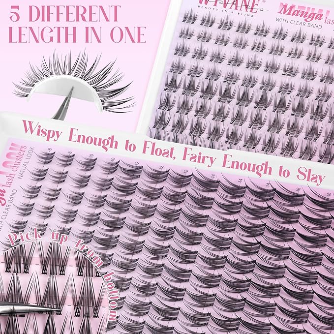 Wtvane Lash Clusters Fairy Eyelash Clusters Natural Invisible Lash Band 8-16mm Wispy Lash Clusters Eyelash Extensions C-Curly Individual Lashes False Eyelashes DIY Lash Extension Natural Manga Look