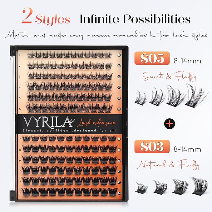 Lash Clusters Kit-VYRILA 0.07mm Wispy 8-14mix C Curl Eyelash Clusters with Lash Bond and Seal Waterproof, Eyelash Tweezers (S03+S05 KIT 138pcs-8-14mix)