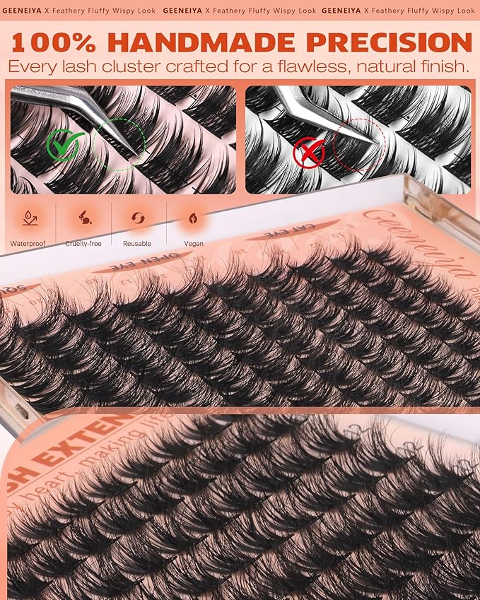 Geeneiya Fluffy Lash Clusters Wispy Eyelash Clusters, 8-16mm Natural Lashes Clusters, C Curl Cluster Eyelash Extensions, Natural Look Lash Extension for Beginners