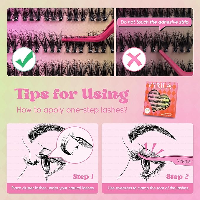 VYRILA Self Adhesive Lash Clusters Kit, D Curl Wispy Pre Glued Lash Extensions with Tweezers, Reusable 0.1mm Ultra Thin Band Natural Eyelashes, Easy Apply Eyelash Clusters for Beginners(PG-ZE12)