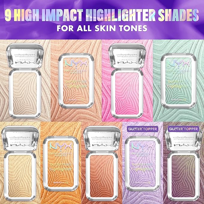 NYX PROFESSIONAL MAKEUP Buttermelt Highlighter, Powder Highlighter Makeup, With Up to 12H Wear and High Impact Glow - 05 Bright and Butta (Light Champagne)