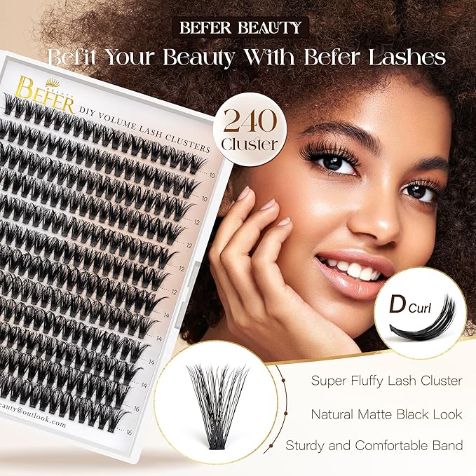 BEFER Lash Clusters, 240 Pcs D Curl Eyelash Clusters 3D Fluffy Volume Individual Lashes Extensions 10-16MM Cluster Eyelash Wispy Cluster Lashes DIY At Home(60P)