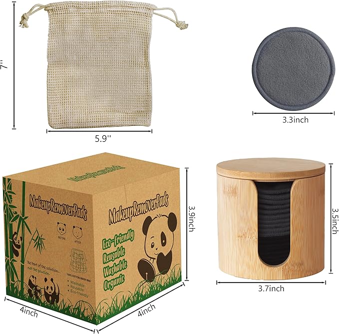 Sopurrrdy Reusable Cotton Rounds, 100% Natural Bamboo Cotton Pads for Face|Reusable Makeup Remover Pads with Laundry Bag,Headband and Cotton Round Holder (Black and Gray)