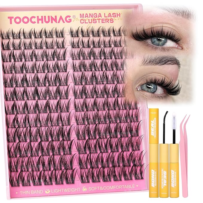 Wispy Lash Clusters Kit Spiky Manga Lashes Extension Kit 8-14mm Eyelash Clusters DIY Individual Lashes Clusters with Thin Band Cluster Eyelash Extensions Kit with Lash Glue&Tweezers by TOOCHUNAG