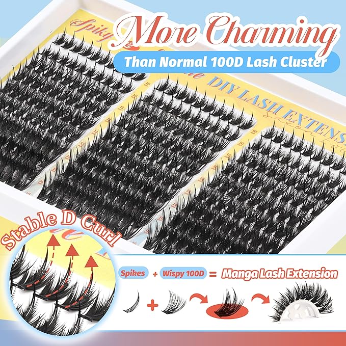 Fyonas Manga Lash Clusters Spiky Anime Cluster Eyelash Extensions with Spikes 300Pcs D Curl Thick Volume Eyelash Clusters 10-16mm DIY Fairy Wispy Individual Lashes (Prism Shard)