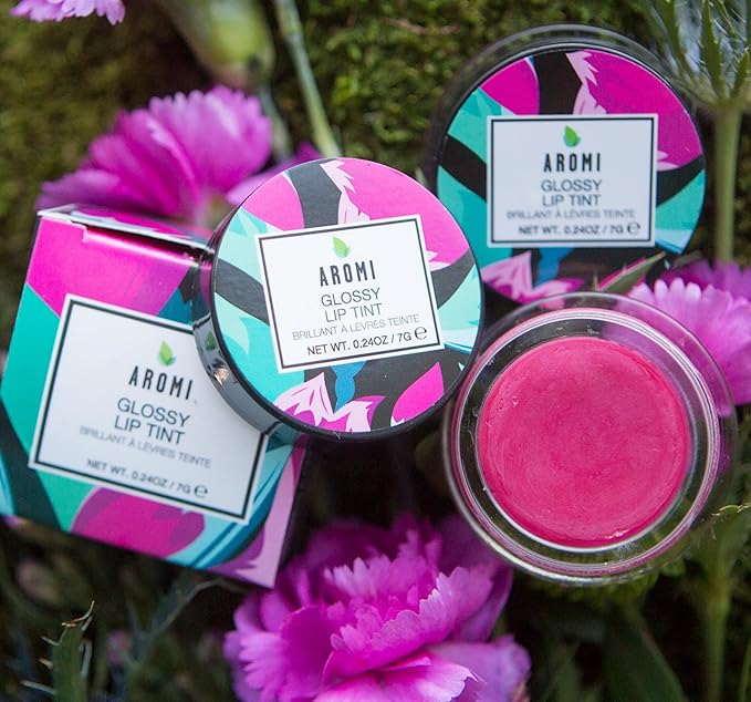 Aromi Glossy Lip Tint in Pot – Hydrating Lip Gloss Color, Sheer, Bright Pink Magenta Shade, Vegan & Cruelty-free, Moisturizing, Non-Sticky Formula (Pink Tulip)