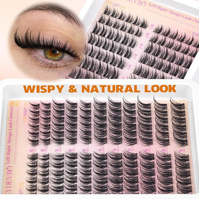 EYDEVRO Manga Lash Clusters Kit Natural Wispy Eyelash Clusters Kit Anime Spiky Cluster Eyelash Extensions 144 Pcs CD Curvature Cluster Lashes Individual Eyelashes 10-16mm DIY Lash Extension Kit