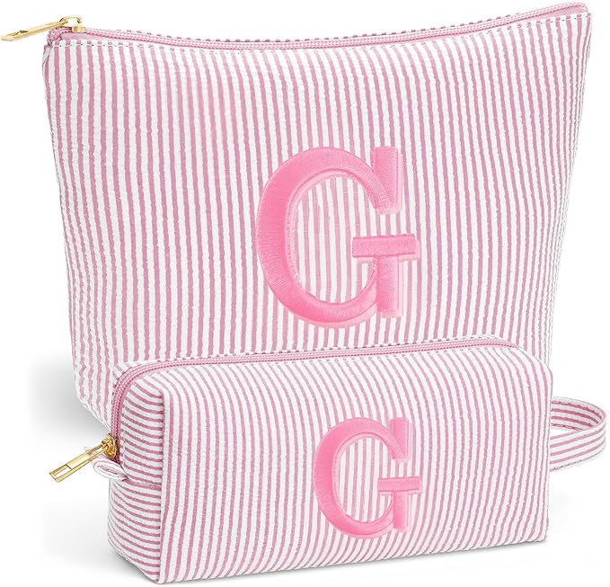 Travel Makeup Bag Organizer - Travel Essentials Toiletry Bag for Women, Initial Travel Toiletry Bag with Zipper | Preppy Stuff Birthday Gifts for Women Mom Daughter, Light Pink Letter G