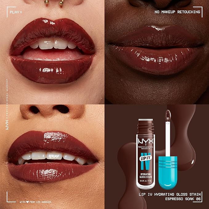 NYX PROFESSIONAL MAKEUP Lip IV Hydrating Glossy Lip Stain with 12HR Hydration - Espresso Soak (Brown)