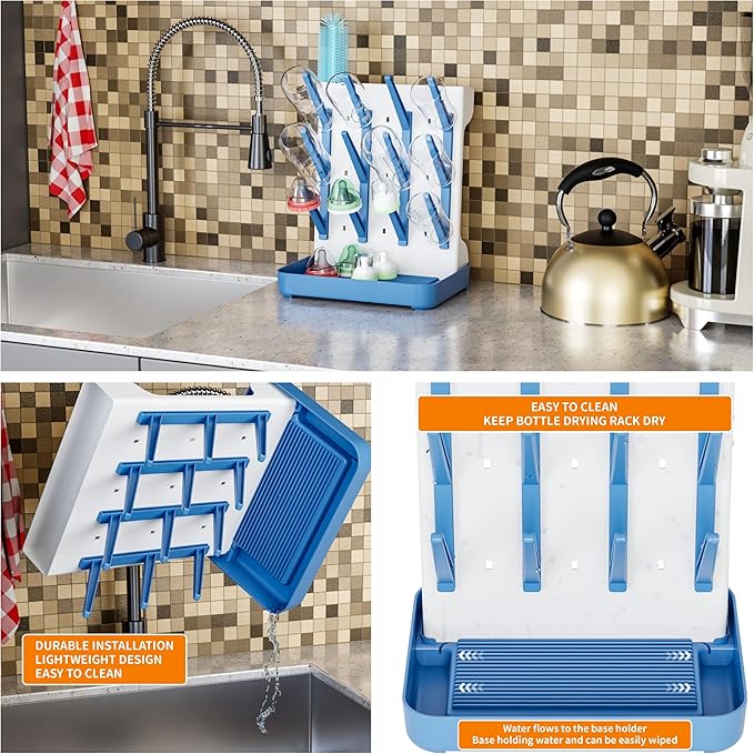 SuoXing Vertical Baby Bottle Drying Rack,Space Saving Countertop Baby Drying Rack for Bottles,Large Baby Bottle Station Stand,Bottle Rack Dryer for Brushes,Pacifiers,Baby Accessories Organizer,Blue