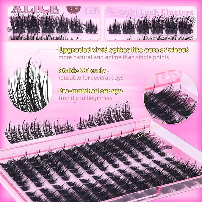 ALICE Lash Clusters Cat Eye Eyelash Clusters Wispy Fairy Cluster Eyelash Extensions Manga Individual Lashes Natural CD Curly Left & Right Lash Extension DIY Cluster Lashes with Spikes