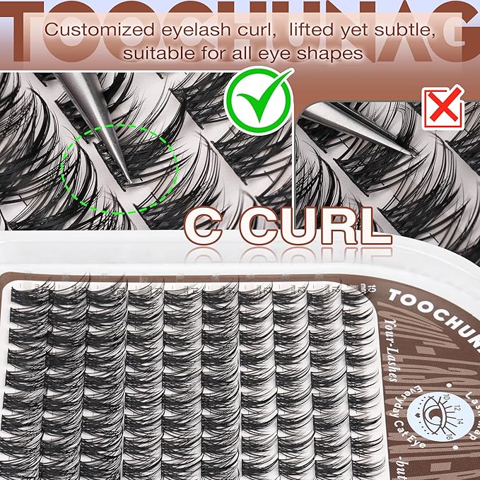 TOOCHUNAG Spiky Lash Clusters Wispy Eyelash Clusters Volume DIY Eyelash Extension C Curly Fairy Lashes Individual Soft False Eyelashes Clusters