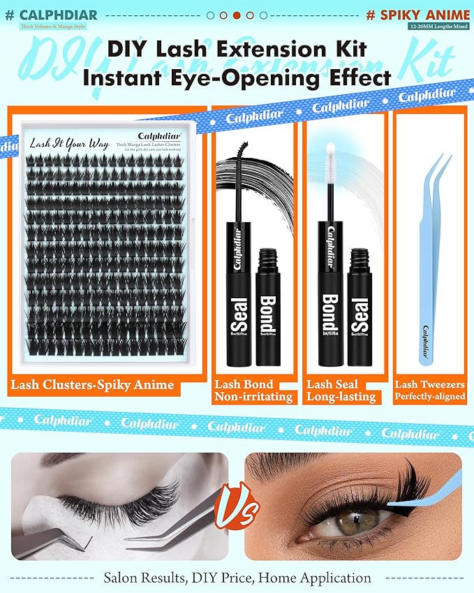 Lash Extension Kit 200D Manga Lash Clusters with Spikes 12-20MM Cluster Eyelash Extensions DIY Lash Extension Kit Thick Anime Eyelash Clusters Wispy Lash Clusters Kit with Lash Bond and Seal Tweezers