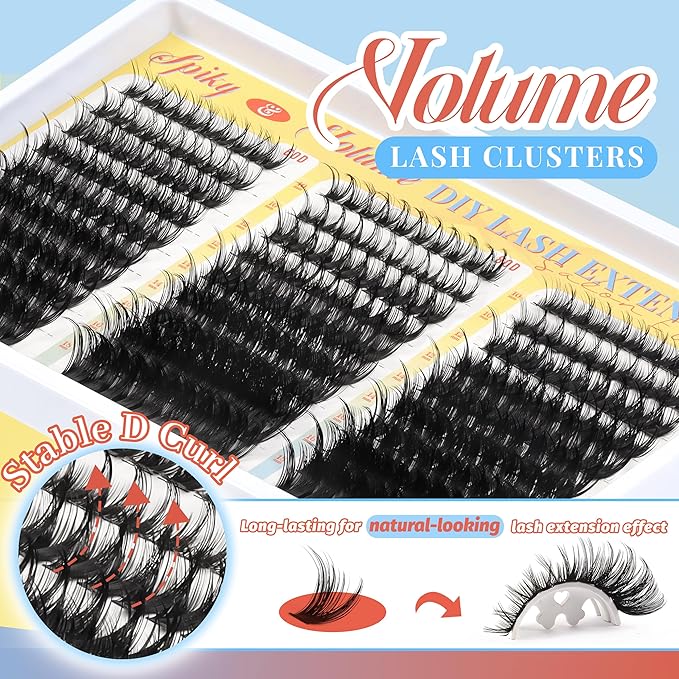 Fyonas Wispy Lash Clusters 60D+80D+100D Spiky Volume Cluster Eyelash Extensions with Spikes 300Pcs D Curl Thick Fluffy Eyelash Clusters 10-18mm DIY Manga Individual Lashes (Cactus Bloom)
